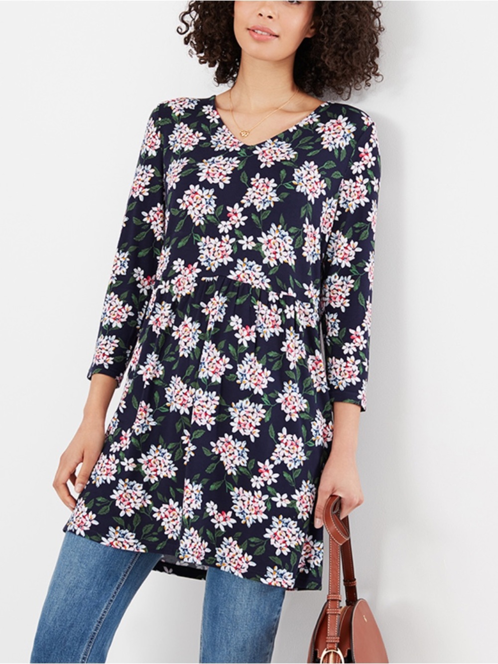 Joules Floral V-Neck Long Sleeve tunic Dress in Navy size 14